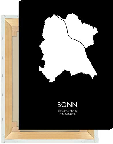 Hochwertiger Premium Druck Bonn #3 Umriss Koordinaten | Keilrahmen | 30x40cm, schwarz/weiß, 320g Canvas matt, Premiumfarben | Deko für Deine Wand | Minimalistisch, Modern, Stylisch | Schwarz Weiß