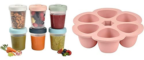 BÉABA, Lot de 6 Portions Conservation Clip, Pots empilables et emboîtables, 100% hermétique, Graduation(6x250ml) & Multiportions Silicone de qualité premium, Résistance thermique extrême, 6x90ml, Rose