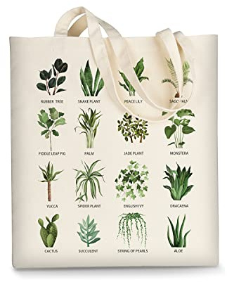 AUSVKAI Segeltuch-Tragetasche für Frauen, niedliche, wiederverwendbare Stoff-Baumwolltaschen, Geschenk für Frauen, für Schule, Einkaufen, Strand, Lebensmittel, Grüne Pflanzen