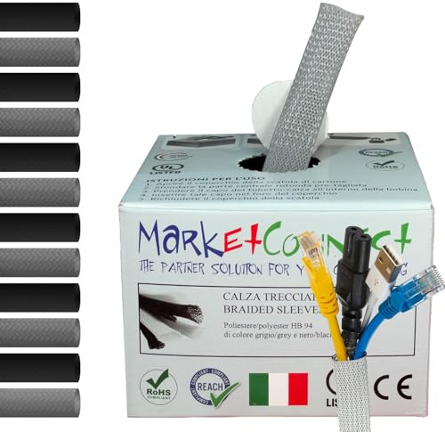 MarketConnect® Gaine Câbles Expansible Ø 10mm, L 30m • Range et Cache les Câbles • Idéal pour Bureau et TV • GRIS • INDUSTRIEL SMALL