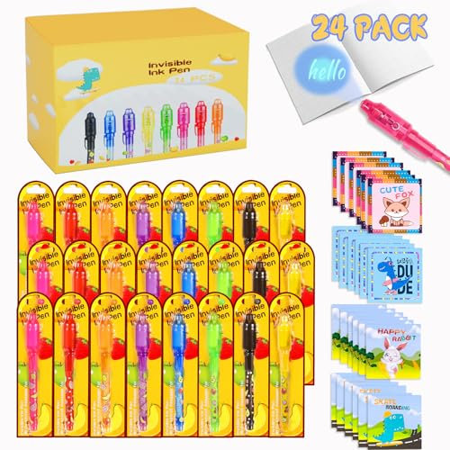 JIMMIDDA Penna Invisibile e Taccuino, 24pcs Inchiostro Invisibile con Notebook Riempitivo per Borse da Festa, Magica per Bambini con Luce UV, Segreta