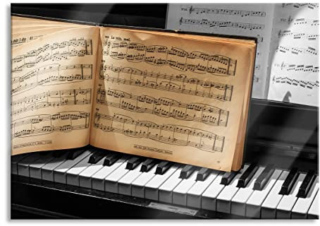 Pixxprint Glasbild, Wandbild aus Echtglas, Notenbuch auf Piano, 60x40 cm, inkl. Aufhängung und Abstandshalter