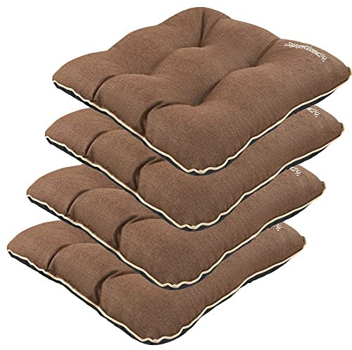 SuperKissen24. Stuhlkissen Outdoor - Sitzkissen für Stühle 4er Set 45x45 cm - Outdoor Kissen Wetterfest mit Füllung - Braun Leinen