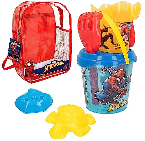 ColorBaby 77377 Marvel Spiderman Set de Playa Infantil, Conjunto de Cubo de Playa con Pala, rastrillo, regadera y Accesorios, Mochila de Playa para niños, Set Playa Infantil, Mochila con Juguetes