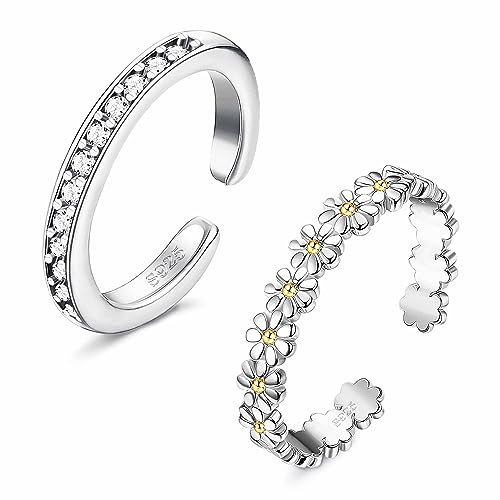 Kakonia 1-2 Pcs Anneaux Bague D'orteil pour Femme Toe Rings Argent 925 Hypoallergénique Réglables Ouvert Fleur Noeud CZ Été Plage Pieds Nus Bijoux