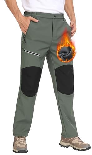 MoFiz Herren Wanderhose Warm Gefüttert Outdoorhose Wasserdicht Skihose Softshellhose Winddicht Arbeitshose für Winter A- Militärgrün EU 4XL