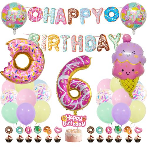 Guoguonb Süße Themen 6. Geburtstag Party Deko Donut Druck Ballon Eiscreme Cupcake Topper Tortendekoration Happy Birthday Banner für 6 Jahr Geburtstagsdeko Kinder Birthday Decorations