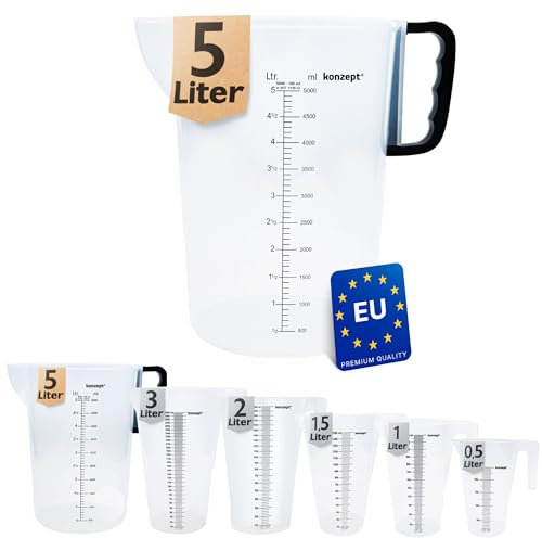 KONZEPT Gobelet gradué 5 litres, Différentes tailles au choix, Idéal pour la cuisine, le jardin, l'atelier, Transparent, Plastique robuste, Mesure au litre