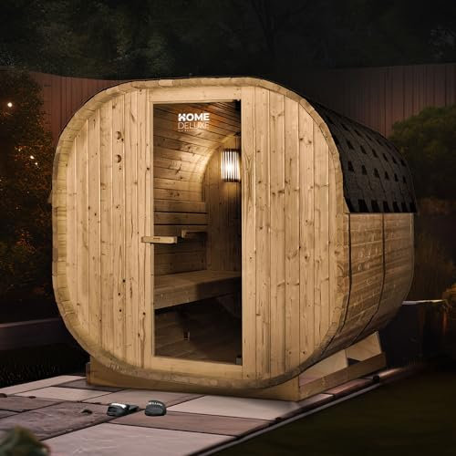 HOME DELUXE - Sauna d'extérieur CUBE XL - Dimensions : env. 185 cm x 195 cm x 220 cm, bois : épicéa - poêle et accessoires de sauna inclus I Sauna de jardin, sauna d'extérieur, tonneau pour sauna pour