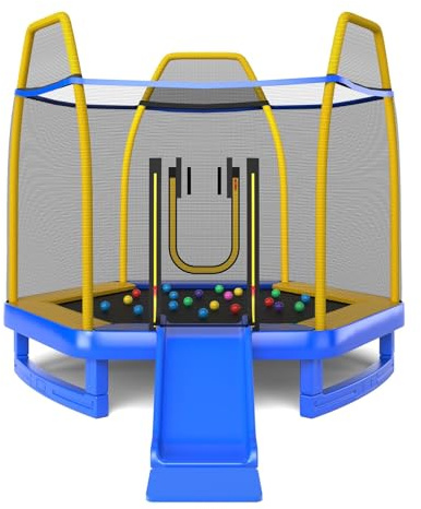 SPOTRAVEL 7FT Kids Trampoline, 3-in-1 Toddler Jumping Trampoline with Slide, Ladder and Safety Enclosure, Outdoor Fitness Trampoline Set for Yard, Garden & Gym (Blue + Yellow)