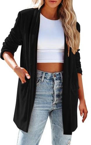 Womens Long Velvet Cardigan Jacket Open Front Plain Lapel Collar Blazer Outerwear with Pockets Vintage Duster Sweater Suit Office wear Black