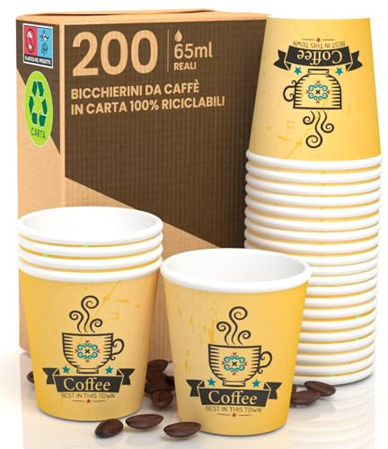 200 Bicchierini in Carta per caffè 65ml CuzcoYellowCUP Bicchieri Ecologici Biodegradabili e Monouso Piccoli Asporto Bevande Calde