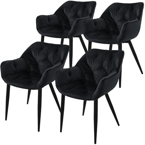 ML-Design Esszimmerstühle 4er Set Schwarz, Küchenstuhl mit dickem Samtstoff gepolsterter Sitz, Metallbeinen, Wohnzimmerstuhl mit Rücken- und Armlehnen, Gesteppter Polsterstuhl, Ergonomischer Sessel