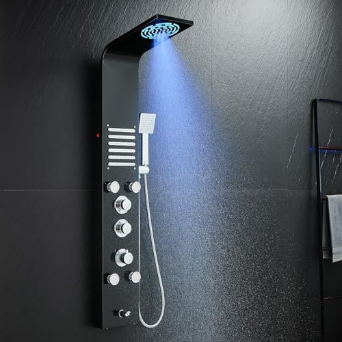 KINKIBOS Unibody Colonne de Douche Thermostatique, Panneau de Douche à 6 Fonctions avec LED, Colonne de Douche Hydromassante avec Mitigeur et Buses Massants, Acier Inox 304 Noir