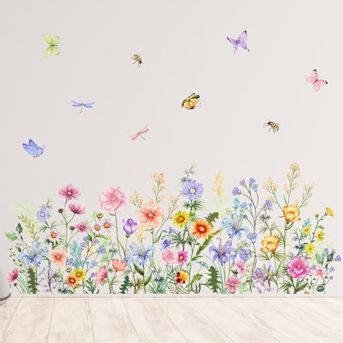 RUCUDIM Wandtattoo Garten Blumen Wandaufkleber Bunt Blume Schmetterling Wandsticker Wanddeko Garten Blume Abnehmbare DIY Pflanzen Wandbild für Schlafzimmer Wohnzimmer Sofa Hintergrund
