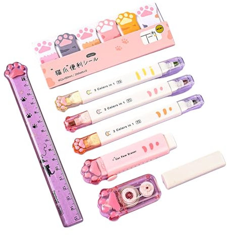 ulafbwur 9-teiliges Schreibwaren-Set mit niedlichem Katzenpfoten-Motiv, Kawaii-Schulbedarf inklusive Radiergummi, Korrekturband, Textmarker, Haftnotizen, Lineal, Bleistiftbox, Katzen-Themen-Schul-,