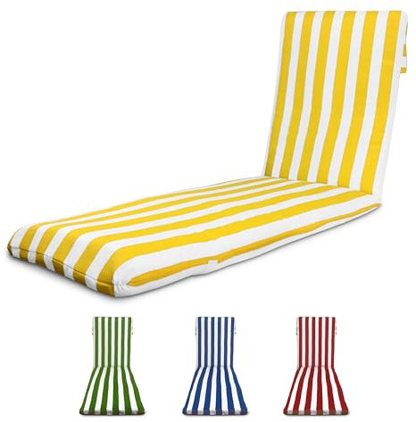 TIENDA EURASIA - Cojín para Tumbona de Jardín, Relleno de Fibra Acolchada, Funda de Tela Lavable con Cremallera, Medida 180x50x5 cm, Diseño de Rayas, Cintas y Capucha de Sujeción (Amarillo)