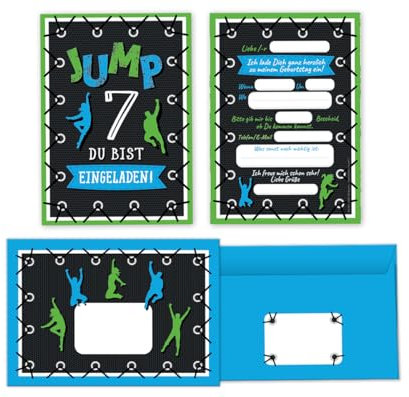Minkocards 12 Einladungskarten zum 7. Kindergeburtstag Junge Mädchen Jump Trampolin Einladungen siebte Geburtstag incl. 12 Umschläge