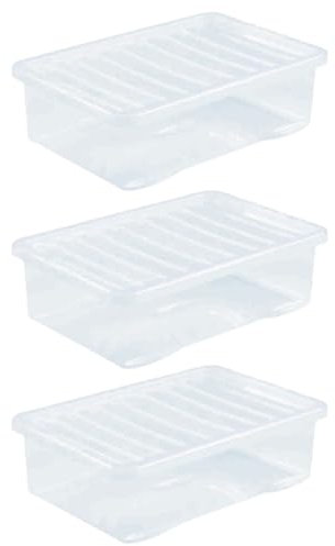 Khanary 3 Pack Large Storage Box With Lids Stackable Containers Home Under bed Living Room Bedroom Organization Garage Kitchen Storage Solutions Clear Plastic 32L(3x Large Storage Box Clear)