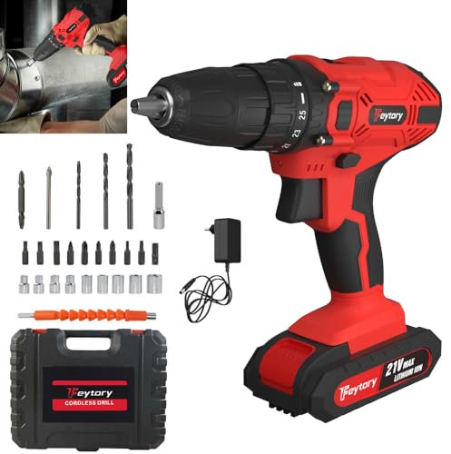 Akku-Bohrschrauber Akkuschrauber 45Nm, 21V Akku-Bohrmaschine mit 2×1.5Ah Akku, 25+1 Drehmoment Akkubohrer, Vorwärts und Rückwärtsschaltung, 2-Gang, LED-Licht. 26 Zubehör, Tragetasche, Rot