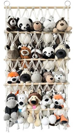 Stuffed Animal Rack,4 Layers Wall Mounted Stuffed Animal Holder | Macrame Toy Storage Net, Boho Plush Storage Solution, Small Stuffed Animal Hammock for Nursery Wall