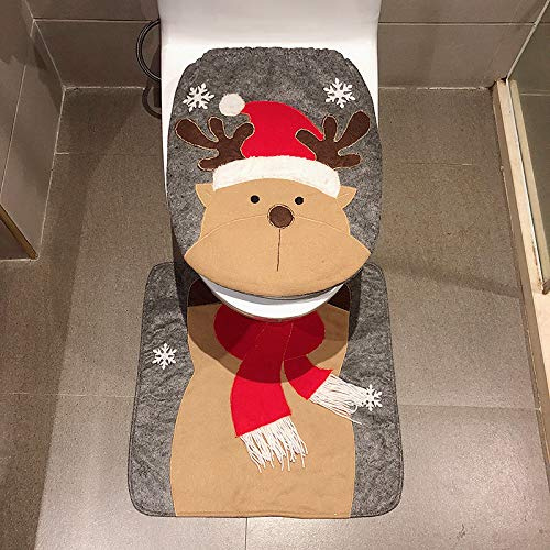 yeloumiss Toilettensitzbezug Weihnachten Toilettendeckel Teppich Weihnachtsdeko WC Deckelbezug Sitzbezug Weihnachtsmann Schneemann Elch Weihnachtsartikel Deko Badematten Set 2 Stücke (Elch)