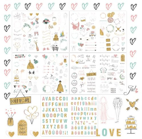 Hochzeit Gästebuch (321 Motive)-Hochzeit Aufkleber für Gästebuch & Fotoalbum,Sticker Liebe,Hochzeitssticker Herzen Party 5 Seiten -Wedding Set Sticker mit Glitzer (Gold)