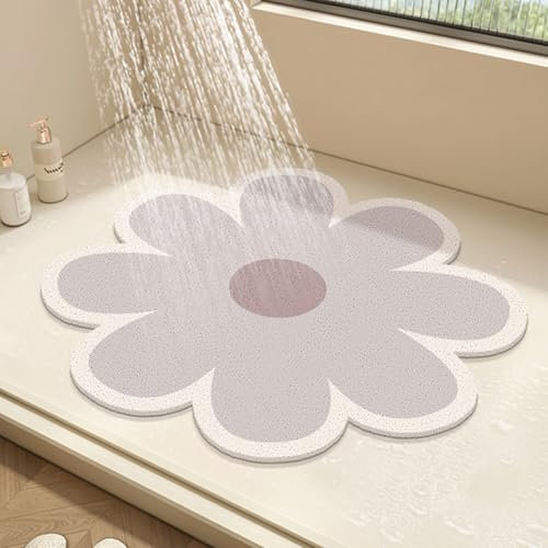 Runde Duschmatte, Blumen-Badematte für Innendusche, PVC-Luffa-Badezimmer-Bodenmatte, rutschfeste Badematte, Anti-Schimmel-Duschmatte mit Abfluss, schnell trocknend (Grau, 50 x 50 cm)