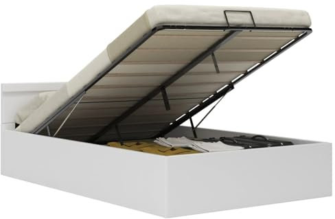 IKAYAA Bett mit Bettkasten Hydraulisch LED Weiß Kunstleder 140x200 cm,Familienbett, Bettrahmen, Bett Gestell, Jugendbett, Schlafzimmer Bett