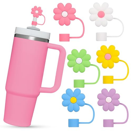 Ceboic 6Pcs Straw Covers Cap for Stanley Cup, 10mm Dust-Proof Straw Toppers Silicone Reusable Straws Cover Tips, Colorful Flower Straw Tips Lids Protectors for Stanley 40/30 Oz Tumbler Accessories