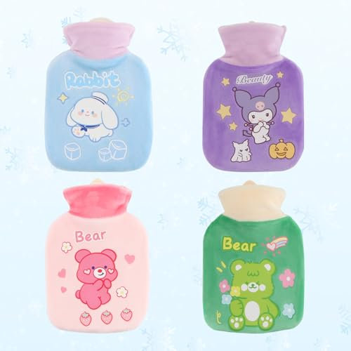 dellyy 4er Set Wärmflasche mit Bezug, 300 ml Wärmflasche mit Weichem Bezug, Handwärmer, Abnehmbarer und Waschbarer Wärmflasche, geeignet für Kinder und Erwachsene bei kaltem Wetter und auf Reisen