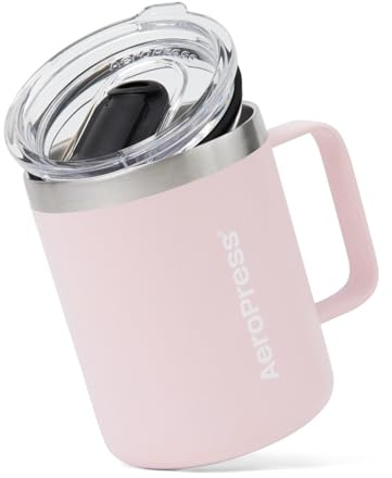 AeroPress Reise-Kaffeebecher mit Henkel, Doppelwandig Vakuum-Isolierter Edelstahl mit Spritzgeschütztem Schiebedeckel, Geeignet für Heiße oder Kalte Getränke, Spülmaschinenfest, 12 oz, Rosa