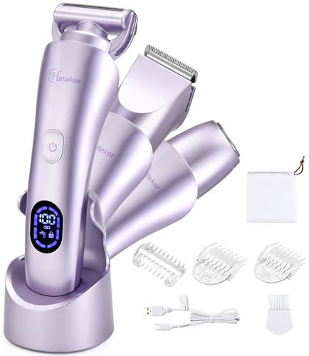 Hatteker Elektrorasierer für Damen Intimrasierer für Frauen Epilierer Bikini Trimmer 3-in-1 Damenrasierer Elektrisch Led-Anzeige IPX7 Wasserdicht mit USB-Ladestati (lila)