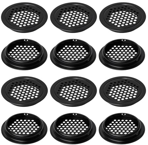 12 Pcs Rejilla Ventilación Orificio, Malla Agujero Redondo Rejilla,Rejillas Ventilación Redondas Negras, Adecuadas para Cocina, Baño, Gabinete, Guardarropa (53 * 12 mm)