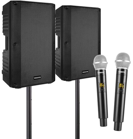 Vonyx Karaoke Set mit 2 Lautsprechern, 2 Mikrofonen und Stativen, Bluetooth Komplettsystem mit integriertem Verstärker, ideal für Partys, Gesang und kleine Veranstaltungen