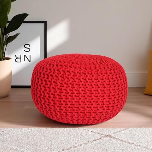 CASVO Handmade Large Knitted Pouffe Ottoman 100% Cotton Chunky Couffes for Living Room Versatile for Foot Rest Extra Seating & Home Decor 50cm Foot Stool (Red)
