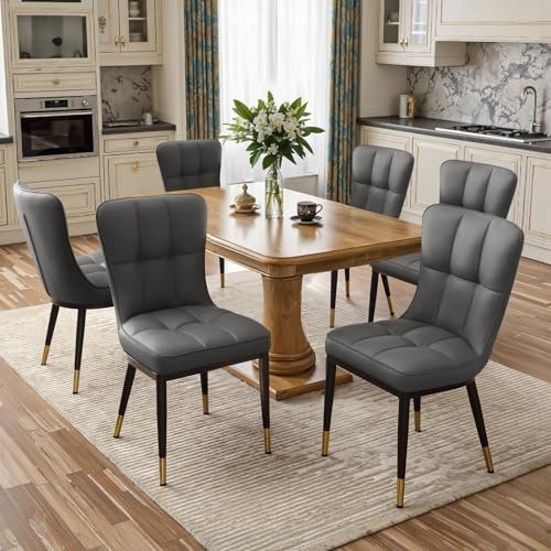 Bekrvio Moderne Esszimmerstühle 6er Set, Bis 200 kg Belastbar, 8 cm Dicke Polsterung, Hochlehner Küchenstuhl aus PU-Leder, Gepolsterter Esszimmerstuhl mit Metallrahmen, für Esszimmer & Wohnzimmer Grau