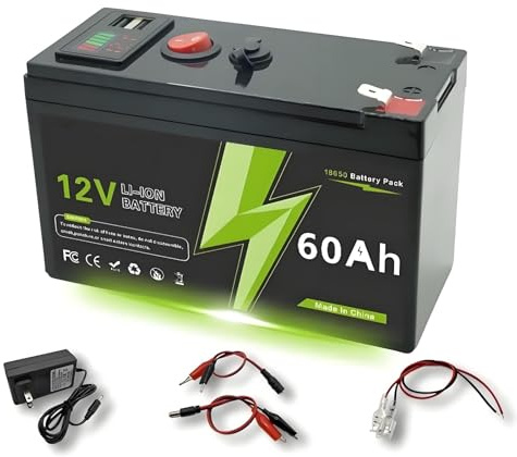 LiFePO4 12V 60Ah Rechargeable Battery With Charger – Built-in BMS For Ride-on Toys, Solar, Fish Finders & Power Wheels – 12.6V Charge Input, 15×9.5×6.4cm, 1.3 Kg