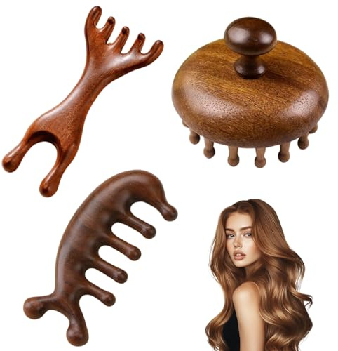 Gykutix 3 Stück Kopfhaut Massagebürste, Scalp Massager, Haarmassagebürsten, Natürliche Sandelholz Kopfhaut Massagebürste Set für Zuhause oder unterwegs