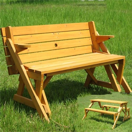Konvertierbarer Esstisch und Gartenbank, zusammenklappbares Terrassenmöbel-Set mit Schirmloch für Hinterhof, Veranda, Deck