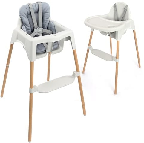 Zamboo Hochstuhl Baby ab 6 Monate inkl. Sitzverkleinerer - Grau | Leichter Kinderhochstuhl (3,5 kg) mit Holzoptik, abnehmbarem Tablett & 5-Punkt-Gurt | geprüft, kippsicher, bis 15 kg