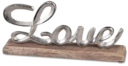 formano Deko Schriftzug Love aus Aluminium auf Holzsockel 26×12cm Edle Tischdeko aus massivem Mangoholz & silbernem Metall für Wohnzimmer, Schlafzimmer & als Geschenkidee
