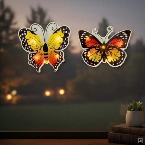 abc HOME LED Fensterbilder Schmetterling 2er Set – Selbsthaftende Fensterdeko mit Beleuchtung & Timer – Beidseitiges Motiv – Wiederverwendbar, Warmweiß – Inkl. Batterien – Frühlingsdeko Fenster
