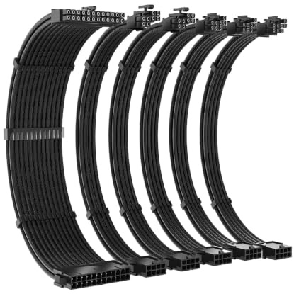 InYoHui PSU Cable Extension Kit 16AWG 24Pin 2xEPS 3xPCI-E 300mm Black Grey | 16AWG copper extensions, 300mm. 24Pin ATX, 2x 4+4 EPS, 3x 6+2 PCI-E. PET sleeving, cable combs included. Black grey.