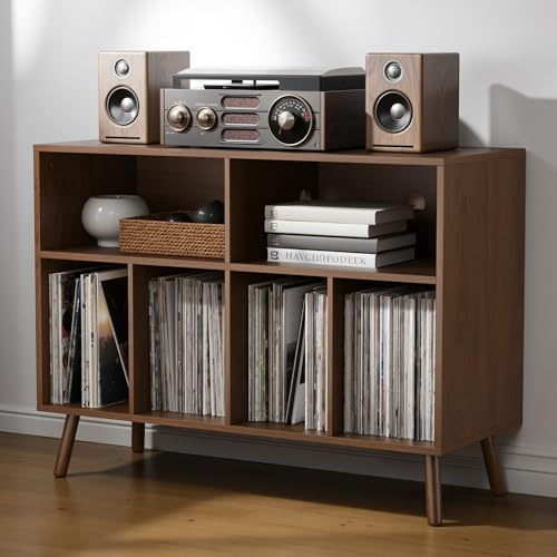 AUREUM OPAL Plattenspieler-Ständer mit Schallplattenaufbewahrung, Vinyl-Plattenregal mit Präsentationsfläche, Schallplattenständer für bis zu 350 Alben, Musikzimmer und Wohnzimmer (Braun)
