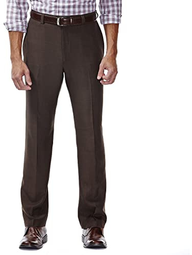 Haggar mens Eclo Stria Expandable-waist Plain-front dress pants, Brown, 38W x 30L US