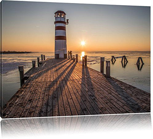 Pixxprint Leuchtturm am Steg im Sonnenuntergang, Größe: 80x60cm, Leinwandbild, fertig gespannt, Wandbild, Dekoration, Kunstdruck, kein Poster
