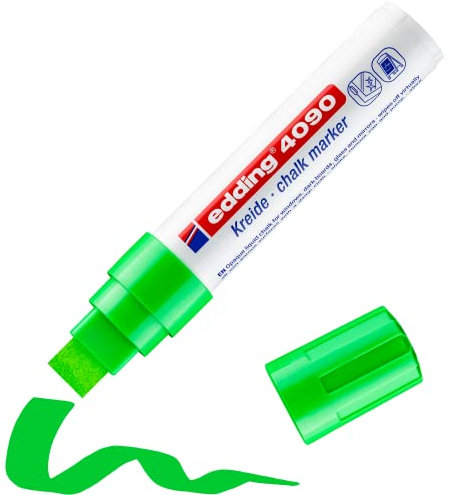 edding 4090 Kreidemarker - hell-grün - 1 Kreidestift - Keilspitze 4-15 mm - breiter Kreidestift für Tafel abwischbar - zum Beschriften von Fenster, Glas, Spiegel - Tafelstift mit deckenden Farben