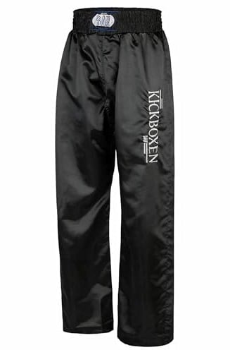 BAY Edel Stick Kickboxhose Schwarz für Kinder und Erwachsene 6XS - XXL | Lange Kampfsporthose, gestickter Schriftzug am Hosenbein, elastischer Gummizugbund mit Tunnelzug für sicheren Halt
