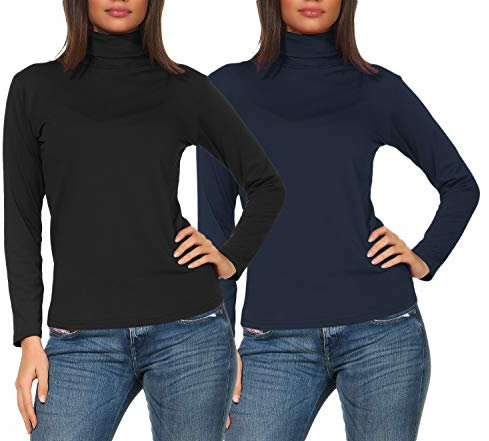 Skirolli Damen 2er Set Thermo- Unterziehrolli Langarm Funktionswäsche Rollkragenshirt (40-42, Schwarz / Blau)